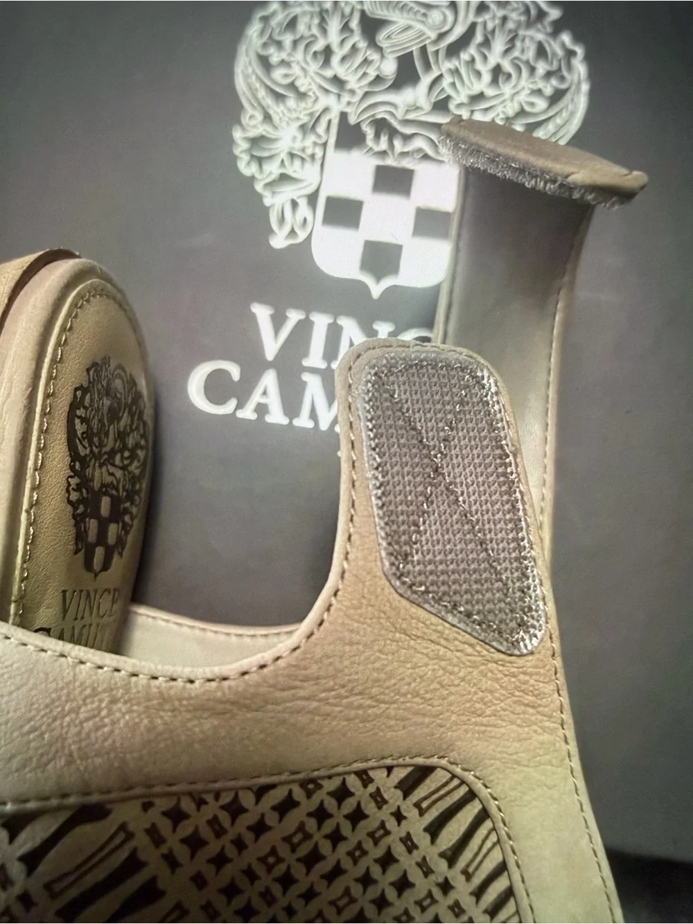 Vince Camuto Taupe Laser-Cut Peep-Toe Wedge Sandals